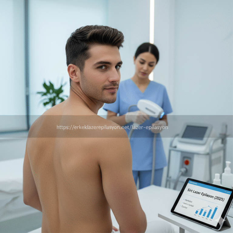 Erkek sırt lazer epilasyon seansı, klinik ortamında bir uzman tarafından uygulanıyor.